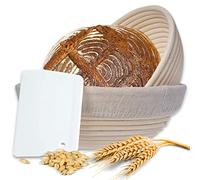 2 Cestas de Fermentación (Redondas, Ø 22+25 cm) y Rascador de Masa - Estribos de Acero INOX - Banneton para Pan - Ratán Natural - Cuenco para Masas con Paño de Lino