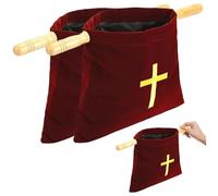 2 cestas de ofrenda para iglesia, bolsas bordadas de la Biblia cruzada con asas de madera, bolsas de franela para iglesias, suministros de comunión, accesorios bíblicos rojos