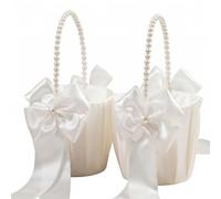 2 cestas para niña de flores, cesta de flores con mango de perla y lazo blanco, cestas de boda ligeras para lanzamiento de pétalos y decoración floral, blanco, 4, 21 pulgadas