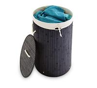 2 Cestos Ropa Sucia con Tapa, Redondo, Cubo Colada, Canasta Plegable, Bambú, 70 L, Ø 41 cm, Negro