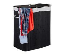 2 Cestos Ropa Sucia con Tapa y 2 Compartimentos, Cubo Colada Plegable, Canasta, Bambú, 95 L, Negro