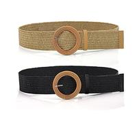 2 cinturones elásticos de punto de paja, cinturón de vestir, cinturón de jeans, adecuado para vestido de mujer, jeans, suéter, negro y caqui, Negro, caqui, 32 EU