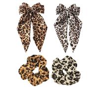 2 Clips Para El Cabello Con Estampado De Leopardo Y 2 Lazos Para El Cabello Con Estampado De Leopardo, Clips Para El Cabello Con Lazo, Lazos Elásticos Para El Cabello, Accesorios Para El Cabello