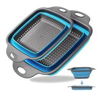 2 Colador Plegable de Silicona para Cocina 2 en 1 - Escurridor de Verduras y Frutas con Desagüe - Colador de Pasta Plegable y Compacto para Camping, Hogar (Azul)