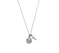2 Collar San Benito y cruz metal plateada con cadena. Es una de Las medallas más Antiguas de la cristiandad, y quienes la portan creen que tiene poder contra el mal.
