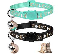 2 collares de gato con lunas de campana, estrellas, collar ajustable seguro para gatito con colgante que brilla en la oscuridad (negro y verde azulado)