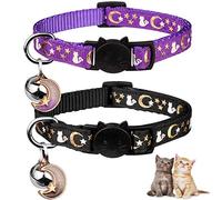 2 Collares de Gato con Lunas de Campana, Estrellas, Collar Ajustable Seguro para Gatito con Colgante Que Brilla en la Oscuridad (Negro y Morado)