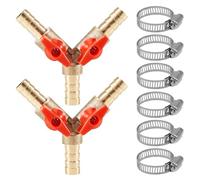 2 conectores de manguera de 3 vías de 10 mm de latón con válvula de bola, válvula en Y para accesorios de tubería, aire, agua, gas, válvula de cierre con 6 abrazaderas para jardín, taller, hogar