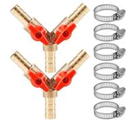 2 conectores de manguera de 3 vías de latón con válvula de bola, válvula en Y para accesorios de tubería, aire, agua, gas, válvula de cierre con 6 abrazaderas de manguera para jardín, taller, hogar (8