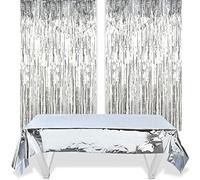 2 Cortinas Flecos Plata y 1 Funda de Papel de Aluminio de Plata Mantel Metálico (1m x 2,7m) para Mesas, Bodas, Fiestas de Novia, Compromisos, Baby Shower, Fondo de Fotos de Navidad
