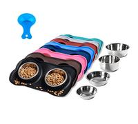 2 Cuencos de Acero Inoxidable de Hubulk, con Alfombrilla de Silicona Antideslizante y antisalpicaduras, con Cuchara para Comida, para Gatos y Perros