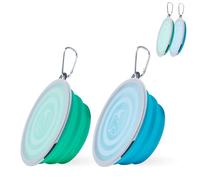 2 cuencos plegables de viaje, para mascotas, con tapa y gancho, cuenco portátil de silicona para gatos, perros, viajes, senderismo y camping (azul claro y verde claro, mediano)