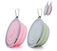 2 cuencos plegables de viaje, para mascotas, con tapa y gancho, cuenco portátil de silicona para gatos, perros, viajes, senderismo y camping (azul y rosa, grande)