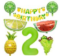 2. Decoración de cumpleaños para frutas, verano, cumpleaños, decoración de 2 años, para niños, niños, niñas, color verde neón, globos con números, 2 globos de helio, globos de fruta, globos de aire