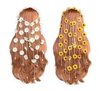 2 diademas de flores hippie, corona floral, ajustable, girasol, accesorios para el cabello, bohomia, plumas, cuerda, corona para disfraces bohemios de los años 70 (amarillo y blanco)