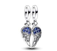 2 dijes brillantes de plata de ley 925 con diseño de alas de ángel, compatibles con abalorios Pandora y muchas otras pulseras del Reino Unido., Metal