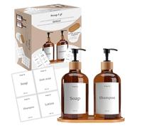 2 Dispensadores de 50 cl para Jabón, Champú, Lavavajillas | Soporte de Bambú, Embudo y Etiquetas Personalizadas | Prácticos Accesorios de Cocina y Baño | OriginalCorner®