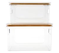 2 dispensadores de bolsas de basura, cajas transparentes con tapa, caja de almacenamiento con tapa de bambú y asas dobles, apilables para ahorrar espacio, para cocina y lavandería (transparente