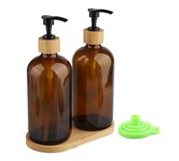 2 Dispensadores de Jabón Cocina 500 ml para Rellenar, Juego de Dispensadores con Bomba, Embudo, Etiquetas y Bandeja, Apto para Baño y Cocina (Color Marrón)