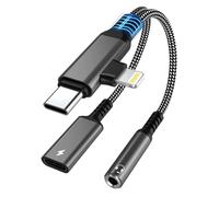 2 en 1 Adaptador Light-Ning + USB C a Jack 3,5 mm y Carga Rapida PD 60W Auriculares HiFi Adaptador DAC Chip Tipo C Audio Adapter Micrófono Aux Divisor Compatible con iPhone 16 15 14 Pad Galaxy, Negro