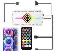 2 en 1 ARGB PWM Fan Hub con controlador, 9 conectores PWM de 4 pines y puertos ARGB de 5 V de 3 pines, carcasa RGB con base magnética y SATA Power 18 puertos, controlador ARGB inalámbrico con mando a