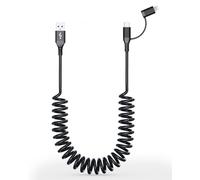 2 en 1 Cable USB A a USB C y Lightning en Espiral, Cable USB iPhone Corto para Coche [MFi y 3A y Datos] Cable Apple Carplay y Android Auto para iPhone 15/14/13/12/11/Android/Huawei/Oneplus/Galaxy