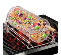 2-en-1 Cesta de Parrilla Rodadiza Rotativa, Acero Inoxidable 304 con Dobles Mangos de Manivela y Recto, Accesorios Barbacoa para Verduras Camarones, Regalo Idea Hombre Papá Esposo Cumpleaños