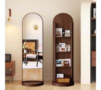 2 en 1 Espejo de Cuerpo Entero y Librería, Espejo Largo Giratorio 360° Estantes de Almacenamiento de 4 Niveles, Ahorra Espacio, Mueble para Dormitorio Sala de Estar