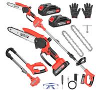 2 en 1 Mini Motosierra y Podadora de Pértiga, Motosierra Batería Sin Cable 180CM con 2 Baterías de 1500mAh, Sierra de Poda Telescópica Eléctrica, Guantes para Podar Arboles Patio (Rojo)