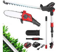 2 en 1 Motosierra Batería & Sierra y Cortasetos Pértiga a Batería ，con Correa Hombro, Barra Sierra 20 cm,Cortasetos 42 cm y Cuchillas Doble Acción, Incluye batería de 20V 4.0Ah