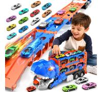 2 En 1 Pista De Coches para Niños, Camión Transportador De Dinosaurios | Con 12 Coches De Juguete Y Pista De Carreras De 164,5 cm Para Niños De 3, 4, 5 ,6