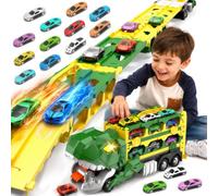2 En 1 Pista De Coches para Niños, Camión Transportador De Dinosaurios | Con 12 Coches De Juguete Y Pista De Carreras De 164,5 Cm Para Niños De 3, 4, 5 ,6