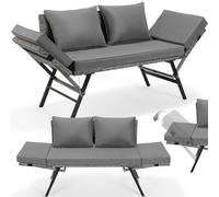 2 en 1 Sofa Cama de Jardín Ratán,Sofas Jardin Exterior,Sofá Jardín 2 Plazas Convertible, Muebles Jardín Ratán,Sofá Cama Convertible Ratán con Reposabrazos Regulables,para Jardín,Terraza,Balcón (Gris)