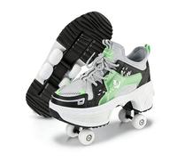 2 en 1 Zapatos para Caminar Convertibles en Patines de Cuatro Ruedas con Ruedas Ocultas de Un Solo Toque con Deformación Automática para Hombres, Mujeres y Niños(Green,7.5)