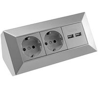 2 enchufes de mesa + 2 enchufes USB esquineros de 230 V, 16 A y 45° de montaje, precableado para encimera, oficina, cocina, taller, color plateado