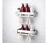 2 Estanterías sin Taladro + 4 Ganchos de Alta Resistencia - Organizador para baño, Ducha, Cocina Adhesivo - Baldas Pared sin Agujeros - Accesorios Modernos para Organizar y Decorar (2 Unidades)