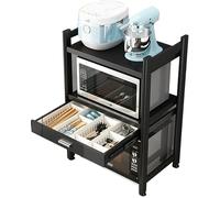 2 estantes de microondas de 3 niveles, soporte para encimera de cocina con cajón para ollas, sartenes y olla arrocera, solución de almacenamiento de doble capa negra