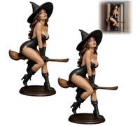 2 estatuas misteriosas de Halloween, figura de estantería de bruja sexy, 6 pulgadas, pintada a mano, bruja gótica sobre hada cabalgando, resina oscura