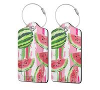 2 etiquetas de equipaje de piel sintética para maleta, fruta de verano, sandía, acuarela dulce, patrón de dibujos animados, etiqueta de equipaje con bucle de acero inoxidable, etiqueta de