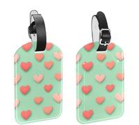 2 etiquetas de equipaje para maletas, con un bonito estampado de corazones rosas sobre fondo verde salvia, de piel sintética, para viaje, con nombre, identificación y protección de la privacidad para
