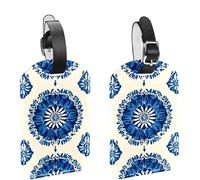 2 etiquetas de equipaje para maletas, diseño floral de cachemira azul sobre fondo crema, de piel sintética, para viaje, con nombre, identificación y protección de la privacidad para artículos esencia