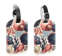 2 etiquetas para equipaje de viaje, diseño de conchas marinas, estrellas de mar, algas y corales, de piel sintética, con cubierta de privacidad, etiqueta de identificación con nombre para mujeres, ni