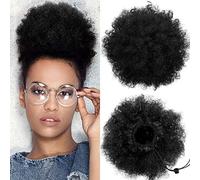 2 extensiones de cabello afro abombado con cordón sintético corto y rizado, extensiones de moño afro tipo afro (negro claro)