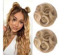 2 extensiones de moño con orejas de gato con clip para mujeres y niñas (paquete de 2 a 3 pulgadas, lacio, rubio medio con reflejos pálidos)