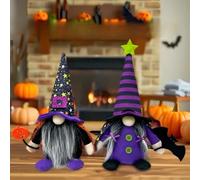 2 figuras de gnomo de Halloween con sombreros de bruja con elementos de calabaza y estrella para exhibición festiva de vacaciones