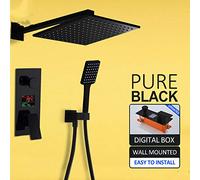 2-Functions Black Digital Shower Faucets Se Rainfall Shower Head 2-Way Digital Display Mixer Tap Concealed Bathroom Shower-12 Inch Full Set, 12 Inch