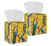 2 fundas cuadradas para caja de pañuelos, cerezo pavo real, árboles florecientes, patrón de acuarela, estuche de pañuelos de cuero, organizador de papel facial, dispensador para tocador, tanque