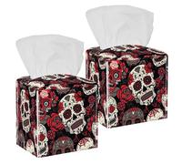 2 fundas cuadradas para caja de pañuelos, Día de los Muertos, diseño colorido de calavera de azúcar, patrón floral de flores, organizador de papel facial, dispensador para tocador, tocador, mesita de