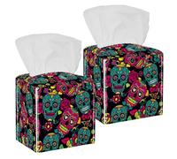 2 fundas cuadradas para caja de pañuelos, Día de los Muertos, patrón floral de calavera de azúcar, organizador de papel facial, dispensador para tocador, inodoro, tocador, mesita de noche, mesa de