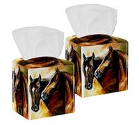 2 fundas cuadradas para caja de pañuelos, diseño de caballos marrones, pintura al óleo, de cuero, organizador de papel facial, dispensador para tocador, tanque de inodoro, tocador, mesita de noche